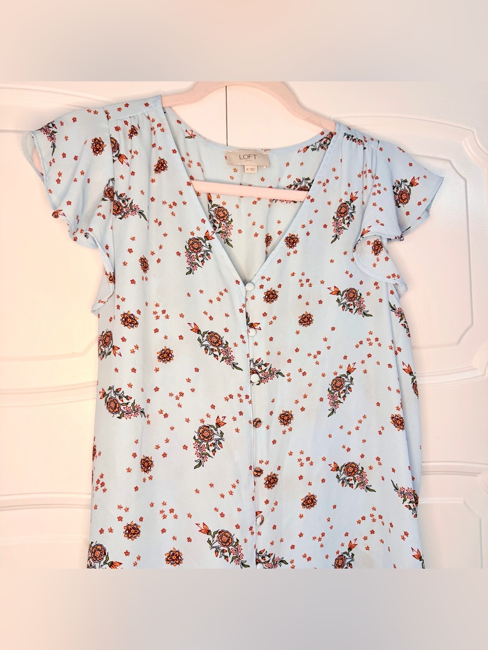 LOFT Light Blue Floral V-Neck Button Blouse
